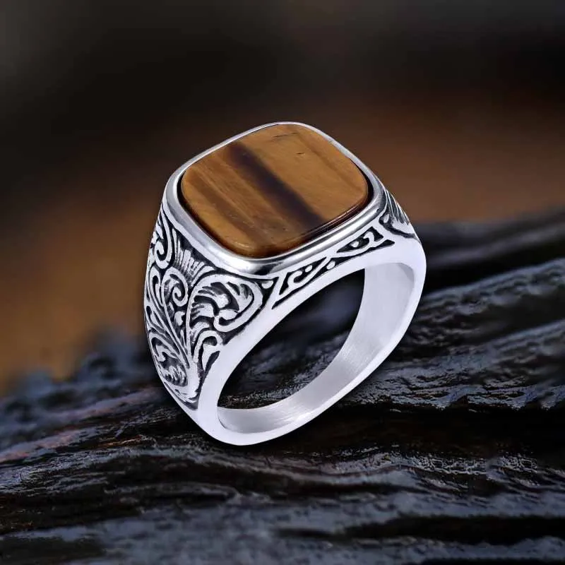 Vintage Pattern Square Turquoise Stainless Steel Ring sold by GTHIC
