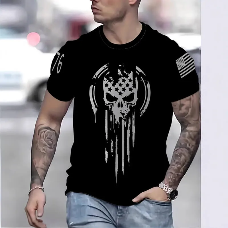 Casual American Flag Skull Print Crew Neck T-Shirt sold by GTHIC