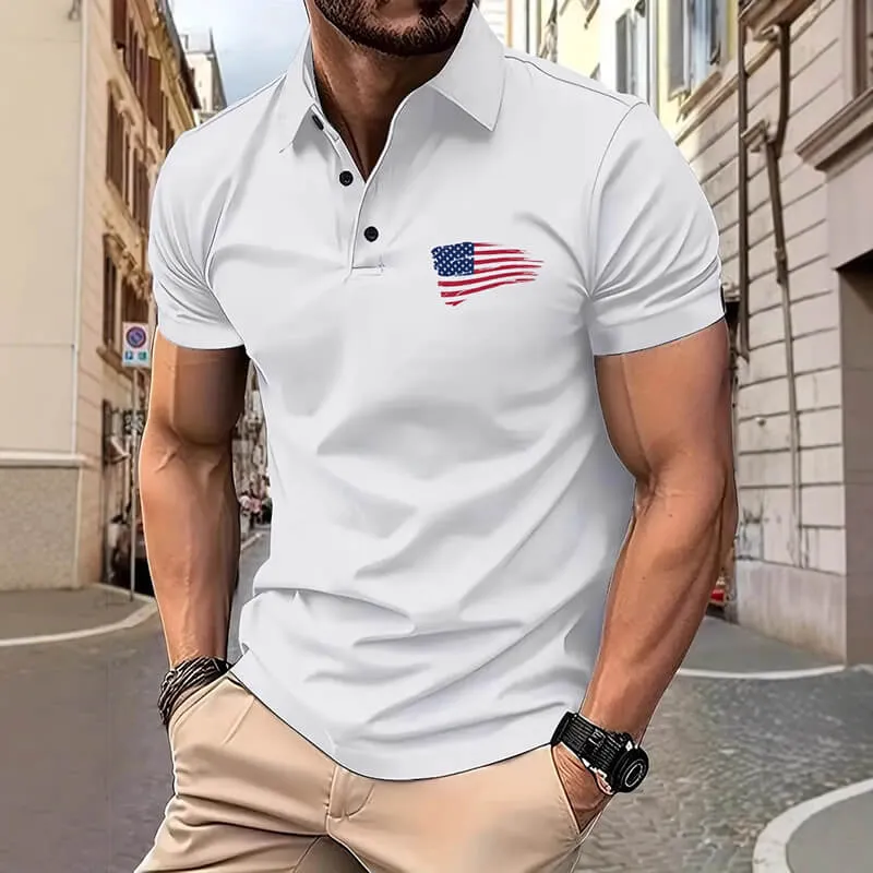 Casual American Flag Digital Print Short Sleeve Polo Shirt sold by GTHIC