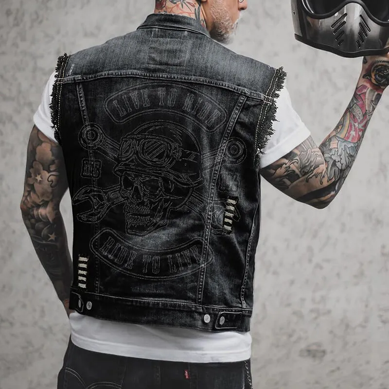 Punk Motorcycle Skull Print Lapel Denim Vest sold by GTHIC