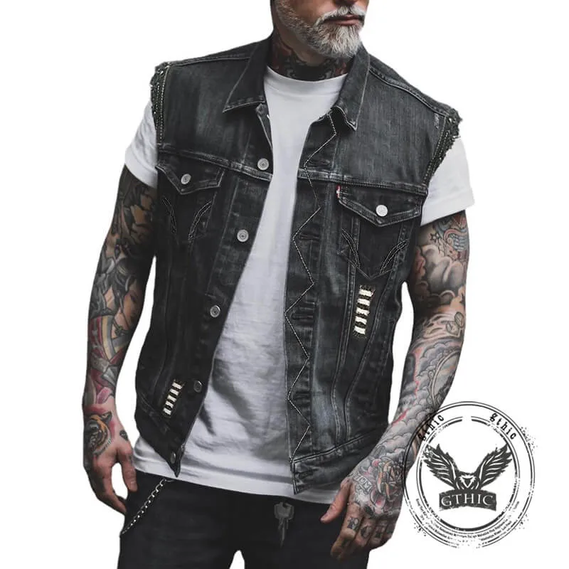 Retro Tribal Skull Print Lapel Motorcycle Denim Vest sold by GTHIC product image thumbnail 4