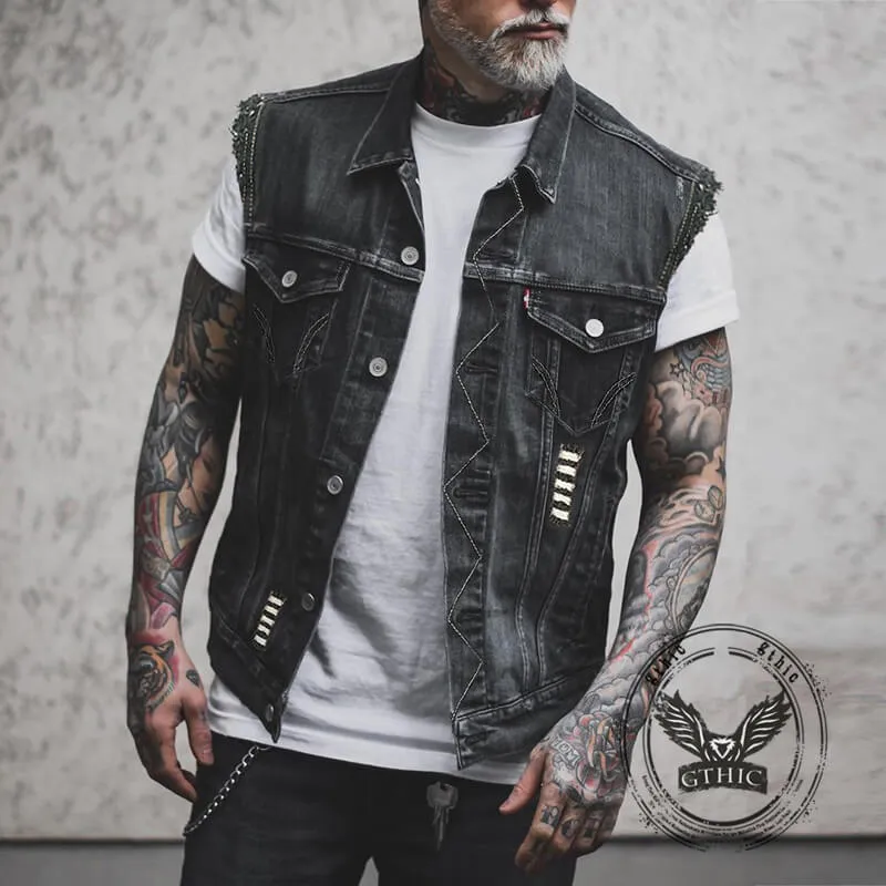 Retro Tribal Skull Print Lapel Motorcycle Denim Vest sold by GTHIC product image thumbnail 2