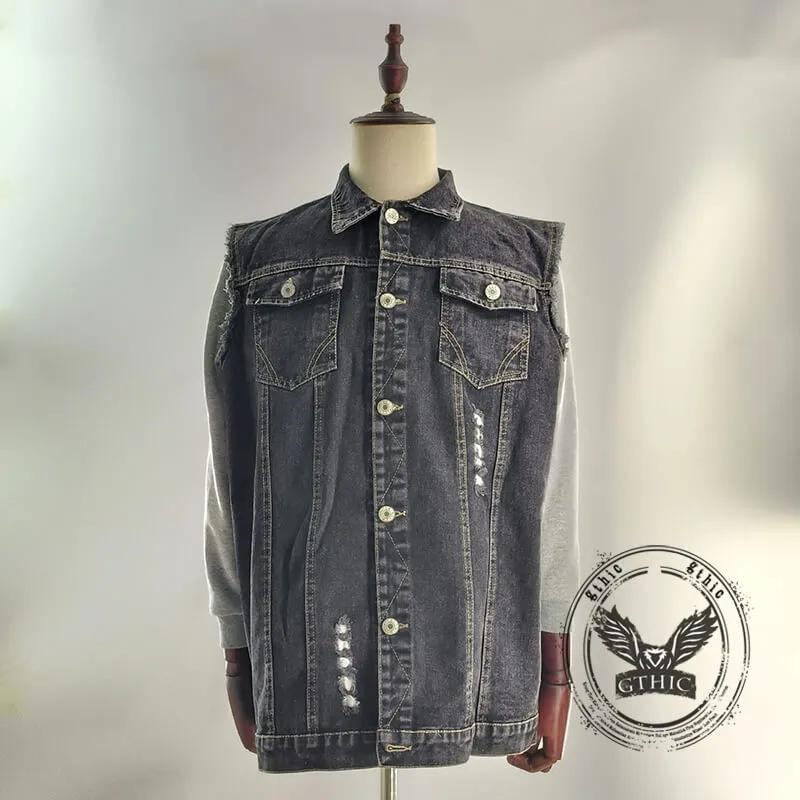 Retro Tribal Skull Print Lapel Motorcycle Denim Vest sold by GTHIC product image thumbnail 3