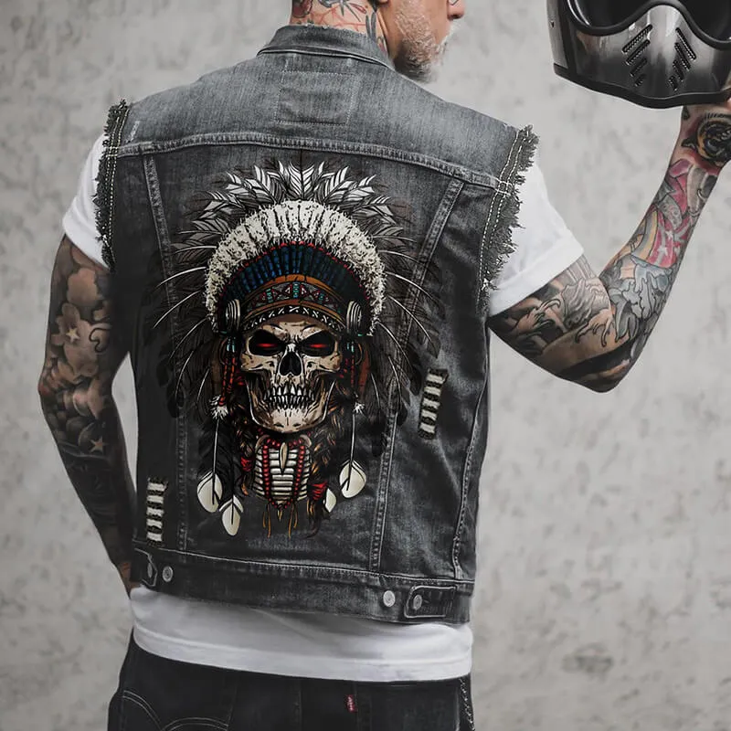Retro Tribal Skull Print Lapel Motorcycle Denim Vest sold by GTHIC