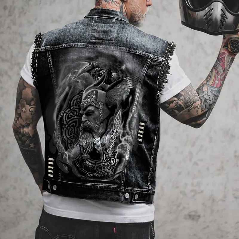 Fashion Viking Print Lapel Ripped Denim Vest sold by GTHIC