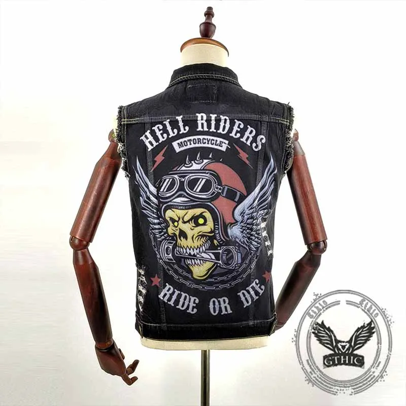 Punk Hell Riders Wings Skull Print Denim Vest sold by GTHIC product image thumbnail 3