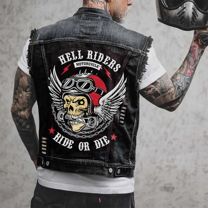 Punk Hell Riders Wings Skull Print Denim Vest sold by GTHIC