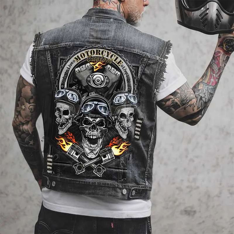 Punk Flame Motorcycle Skull Print Denim Vest sold by GTHIC