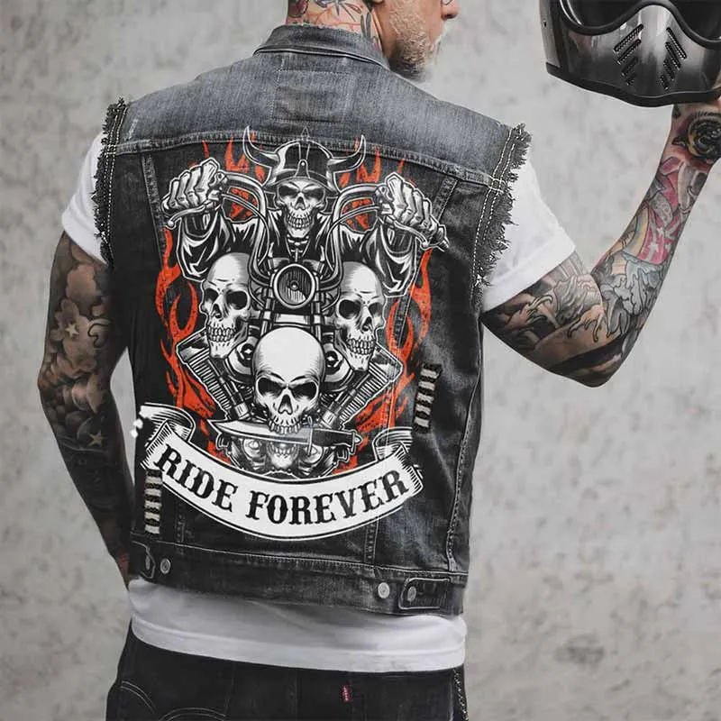 Punk Ride Forever Motorcycle Skull Print Denim Vest sold by GTHIC