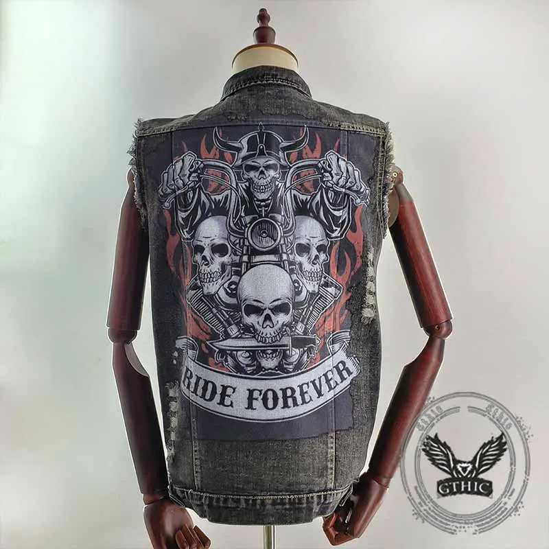 Punk Ride Forever Motorcycle Skull Print Denim Vest sold by GTHIC product image thumbnail 3