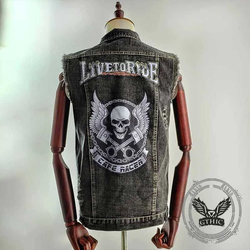 Punk Live To Ride Wings Skull Print Denim Vest sold by GTHIC product image thumbnail 3