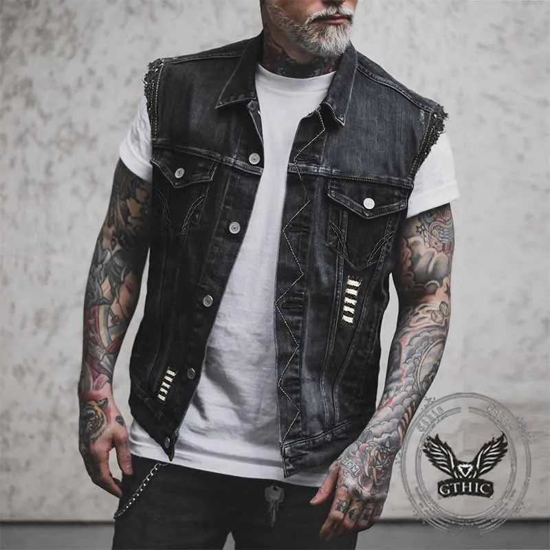 Punk Live To Ride Wings Skull Print Denim Vest sold by GTHIC product image thumbnail 2