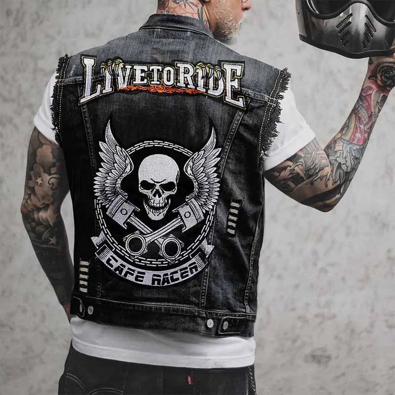 Punk Live To Ride Wings Skull Print Denim Vest sold by GTHIC