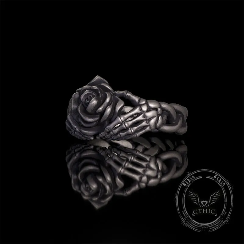 Gothic Heart Skull Hand Holding Rose Sterling Silver Ring sold by GTHIC product image thumbnail 3