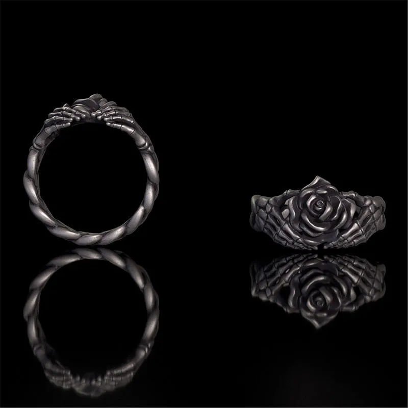 Gothic Heart Skull Hand Holding Rose Sterling Silver Ring sold by GTHIC product image thumbnail 2