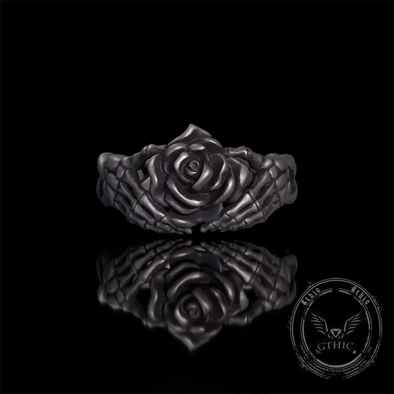 Gothic Heart Skull Hand Holding Rose Sterling Silver Ring sold by GTHIC