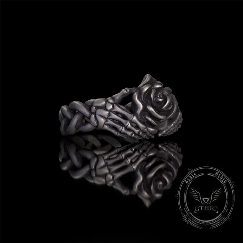 Gothic Heart Skull Hand Holding Rose Sterling Silver Ring sold by GTHIC product image thumbnail 4