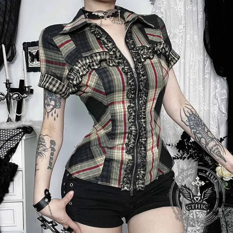 Dark Cross Design Check Zip-Up Short Sleeve Shirt sold by GTHIC