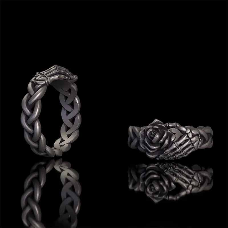 Gothic Skull Hand Holding Rose Sterling Silver Ring sold by GTHIC