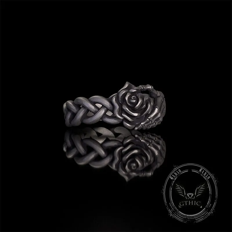 Gothic Skull Hand Holding Rose Sterling Silver Ring sold by GTHIC product image thumbnail 3