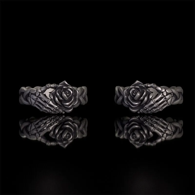 Gothic Skull Hand Holding Rose Sterling Silver Ring sold by GTHIC product image thumbnail 2