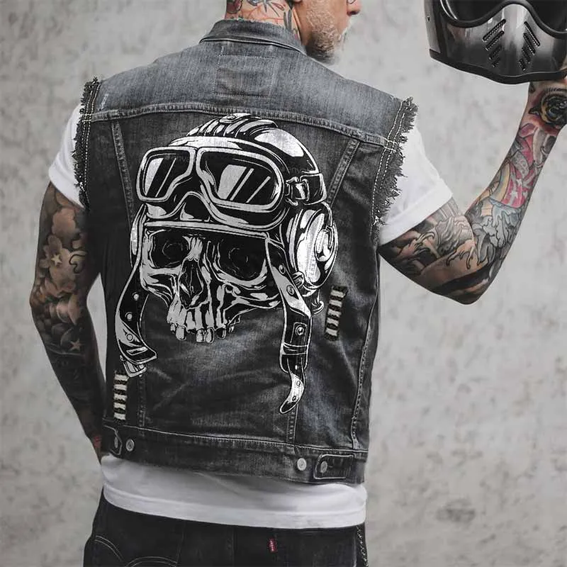 Punk Motorcycle Helmet Skull Head Print Denim Vest sold by GTHIC