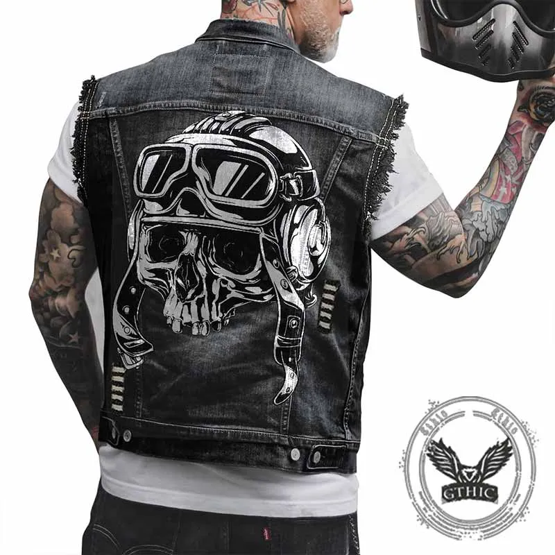 Punk Motorcycle Helmet Skull Head Print Denim Vest sold by GTHIC product image thumbnail 4