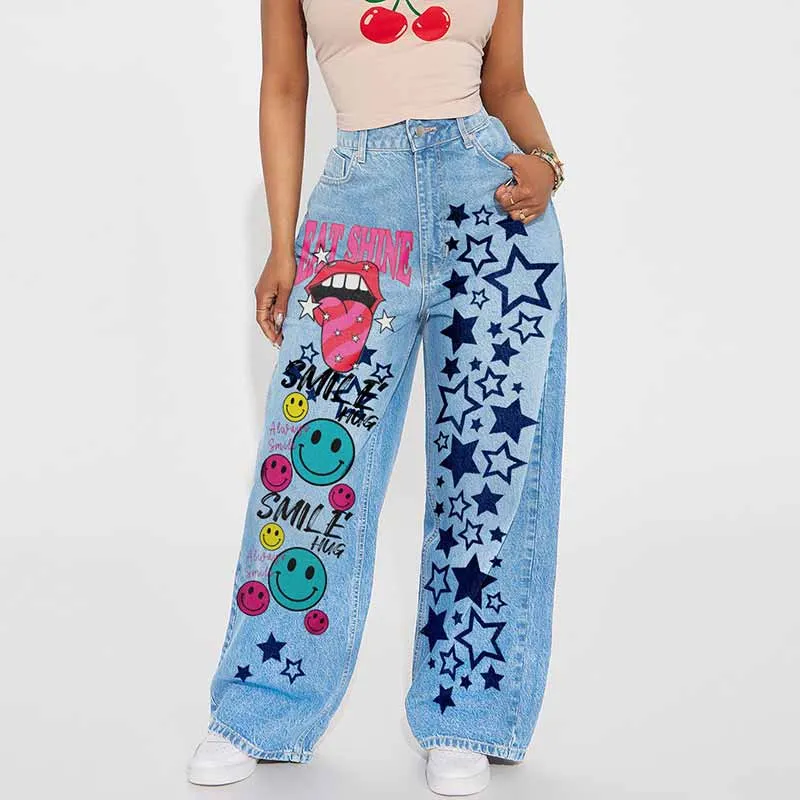 Hip-Hop Eat Shine Smile Star Print Ripped Jeans sold by GTHIC