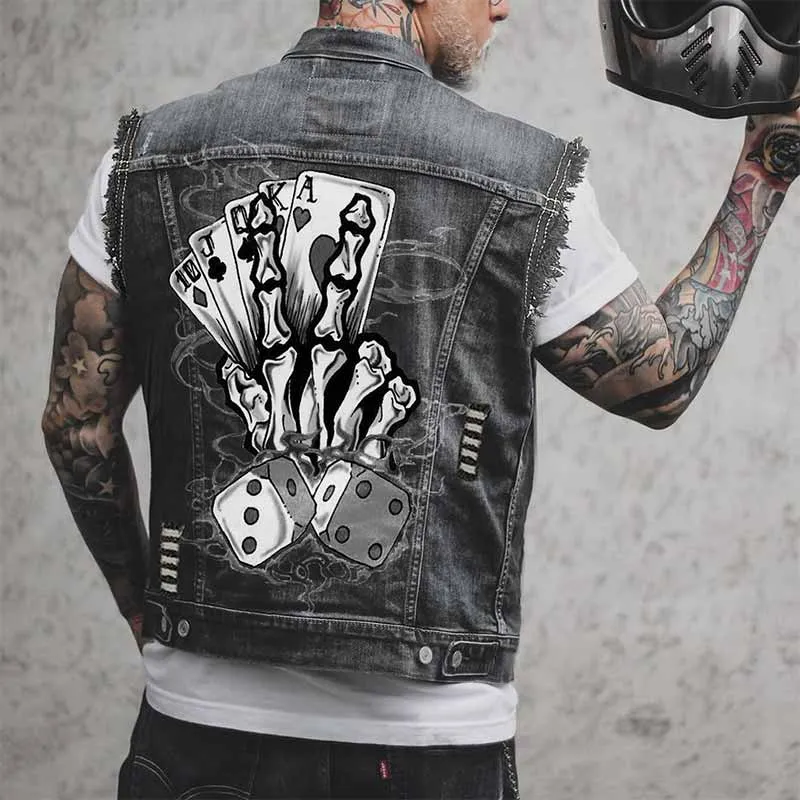 Punk Skeleton Hand Playing Cards Print Denim Vest sold by GTHIC