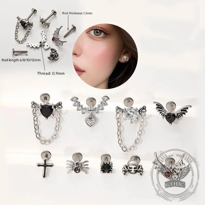 Spider Chain Skull Zircon G23 Titanium Lip Stud Earrings made by GTHIC
