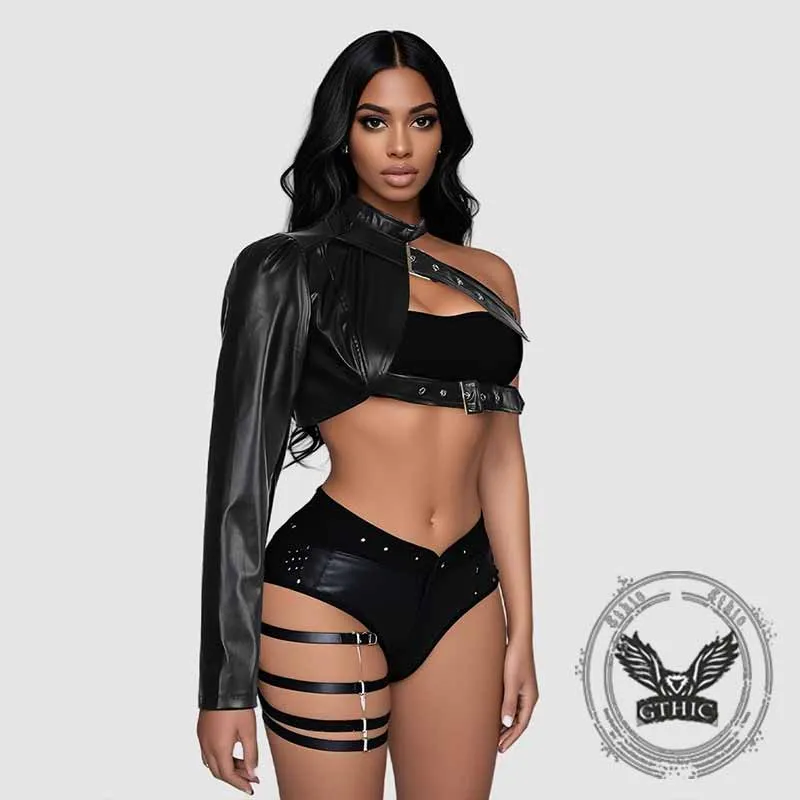 Punk One Shoulder Irregular PU Leather Top sold by GTHIC