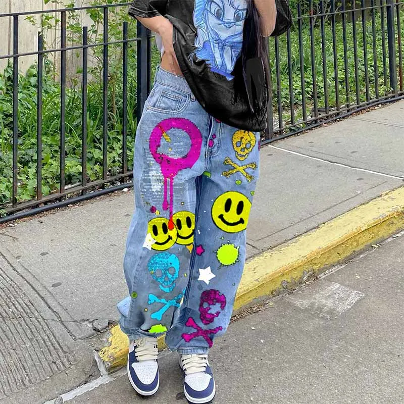 Fashion Street Graffiti Smiley Skull Print Wide-Leg Jeans sold by GTHIC product image thumbnail 2