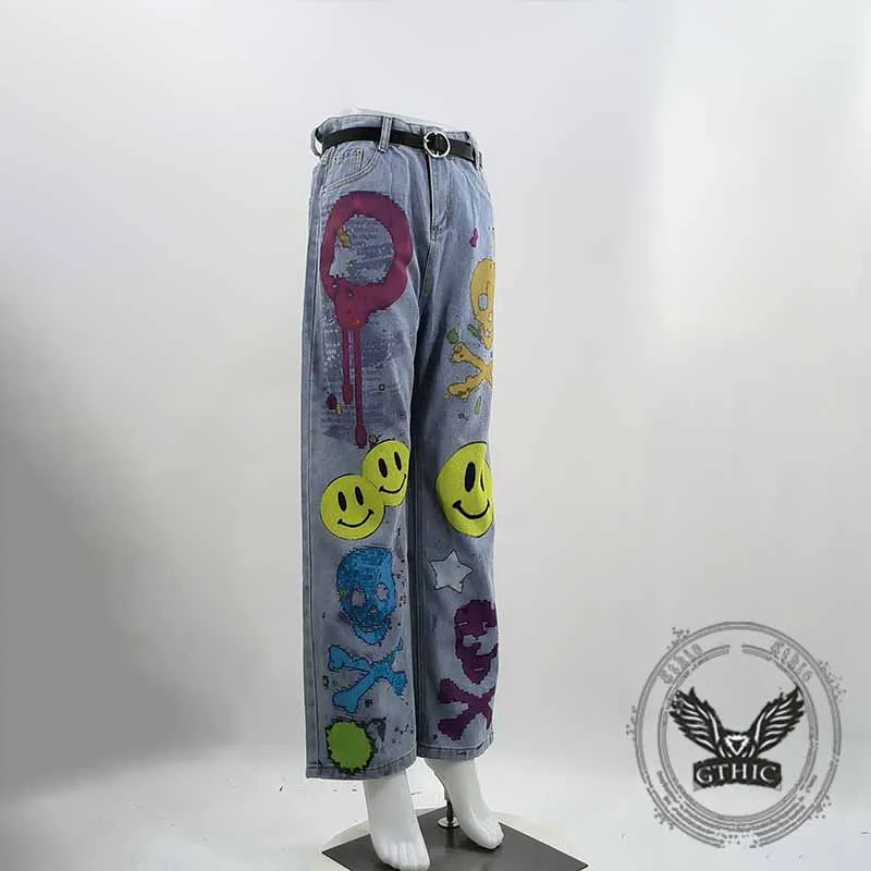 Fashion Street Graffiti Smiley Skull Print Wide-Leg Jeans sold by GTHIC product image thumbnail 4