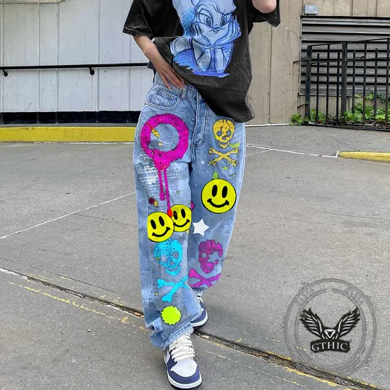 Fashion Street Graffiti Smiley Skull Print Wide-Leg Jeans sold by GTHIC product image thumbnail 3