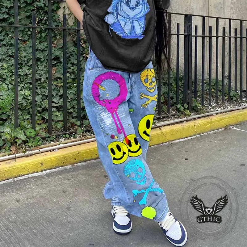 Fashion Street Graffiti Smiley Skull Print Wide-Leg Jeans sold by GTHIC