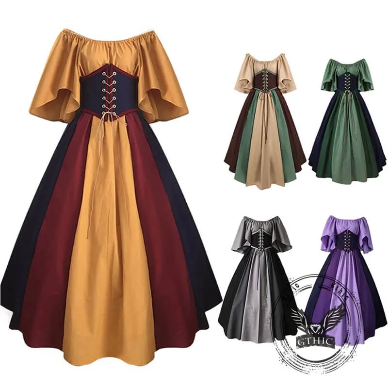 Retro Contrast Color Stitching Flying Sleeves Lace-Up Dress sold by GTHIC