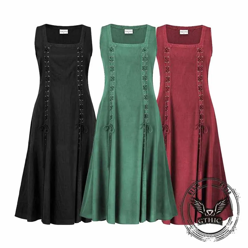 Medieval Solid Square Neck Lace-Up Sleeveless Dress sold by GTHIC