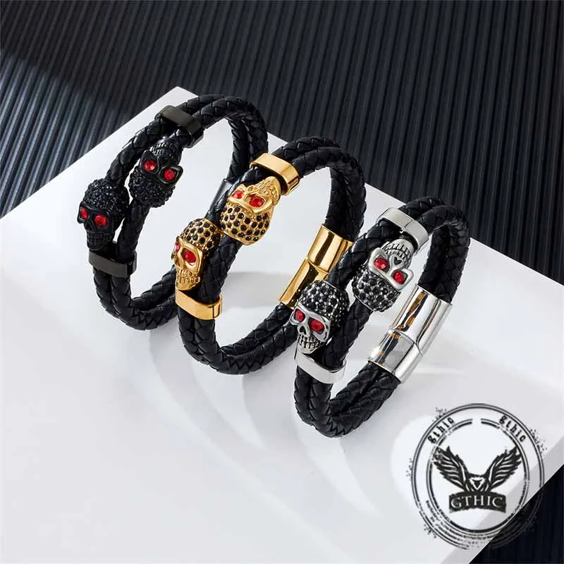 Punk Double Skull Stainless Steel Leather Bracelet sold by GTHIC