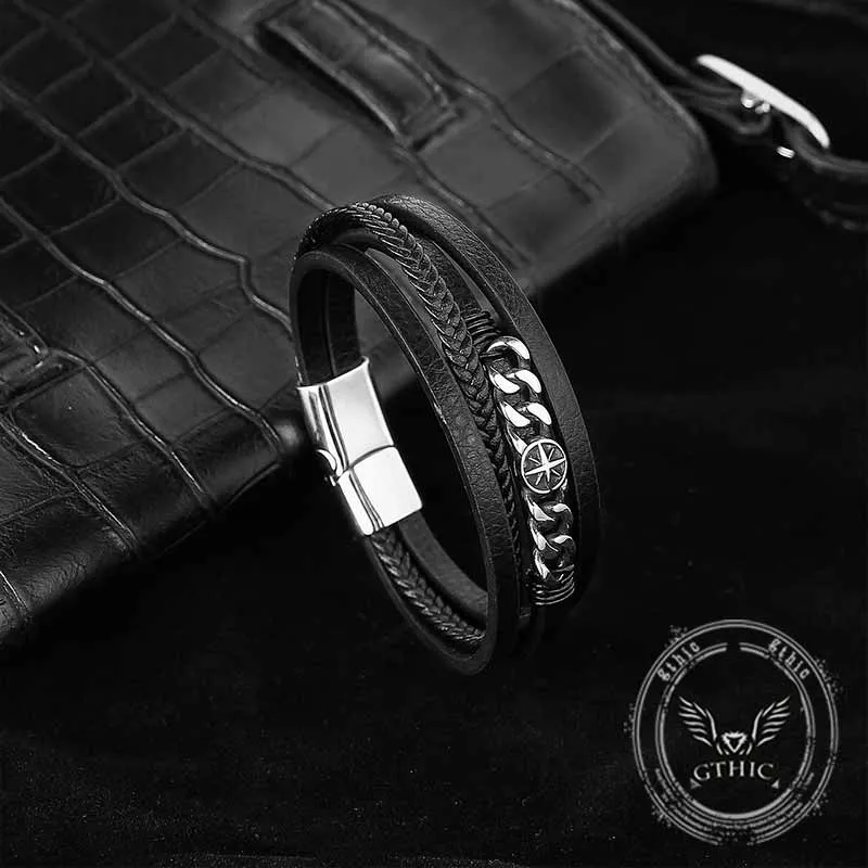 Vintage Octagonal Star Stainless Steel Leather Bracelet sold by GTHIC