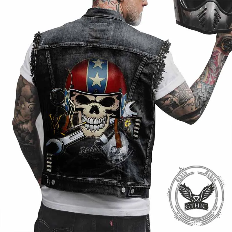 Punk Wrench Smoking Skull Print Denim Vest sold by GTHIC product image thumbnail 4