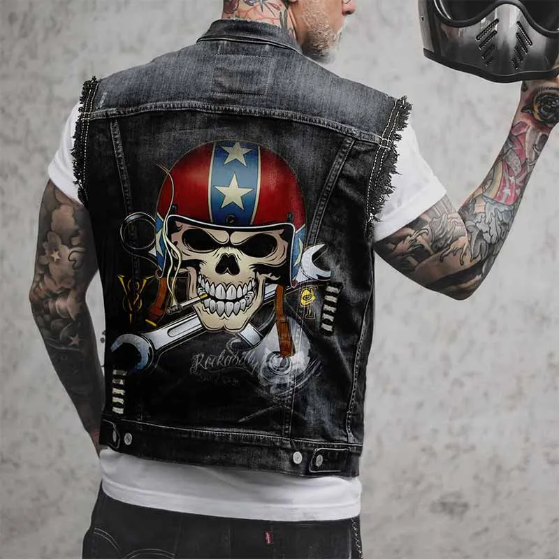 Punk Wrench Smoking Skull Print Denim Vest sold by GTHIC