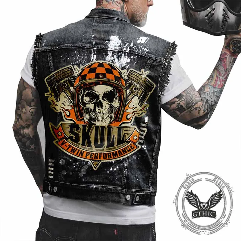 Punk V-Twin Performance Skull Print Denim Vest sold by GTHIC product image thumbnail 4