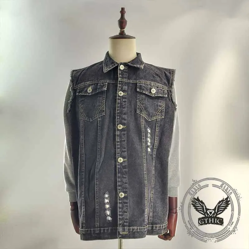 Punk V-Twin Performance Skull Print Denim Vest sold by GTHIC product image thumbnail 3
