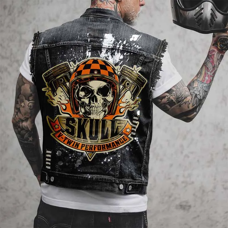 Punk V-Twin Performance Skull Print Denim Vest sold by GTHIC