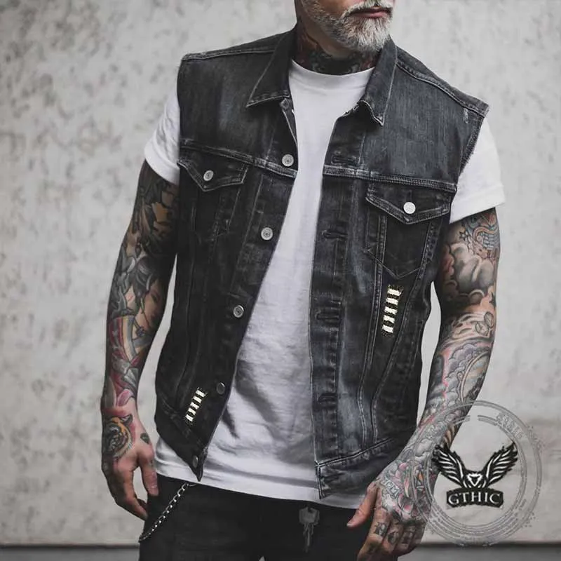 Punk 1969 Speed Trials Biker Skull Print Denim Vest sold by GTHIC product image thumbnail 2
