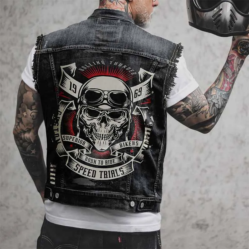 Punk 1969 Speed Trials Biker Skull Print Denim Vest sold by GTHIC