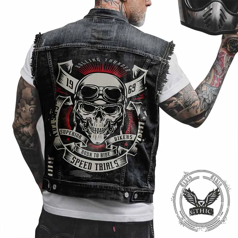 Punk 1969 Speed Trials Biker Skull Print Denim Vest sold by GTHIC product image thumbnail 4