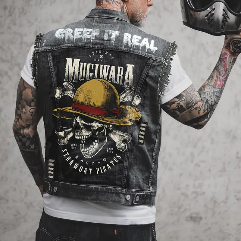 Punk Hat Skull Print Lapel Motorcycle Denim Vest sold by GTHIC