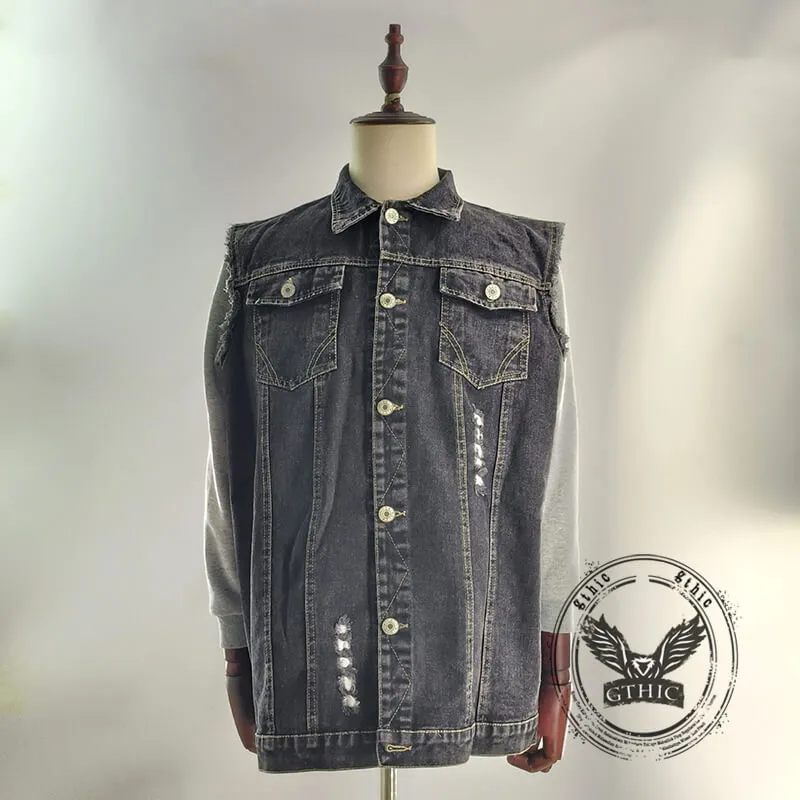 Punk Hat Skull Print Lapel Motorcycle Denim Vest sold by GTHIC product image thumbnail 3