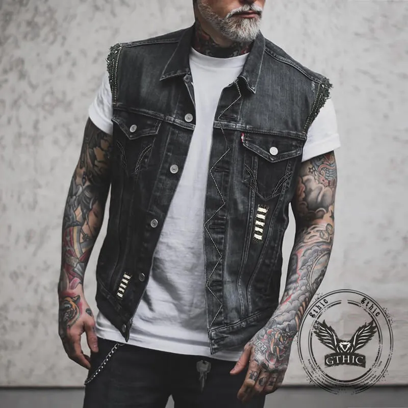 Punk Hat Skull Print Lapel Motorcycle Denim Vest sold by GTHIC product image thumbnail 2